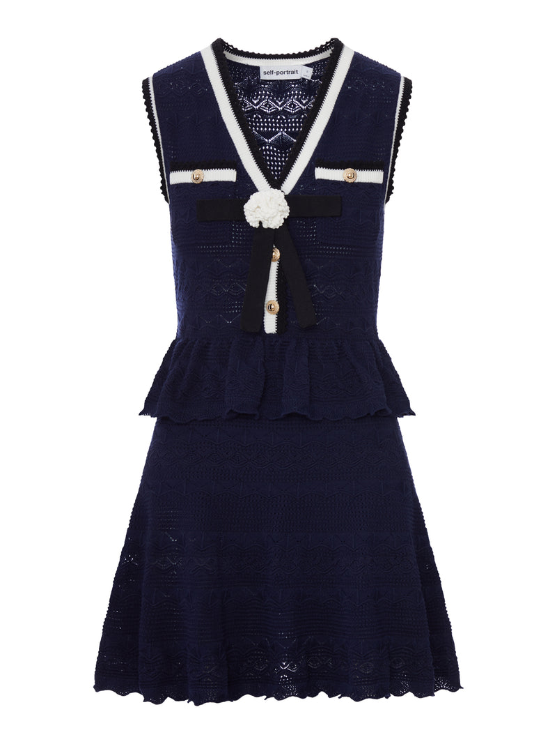NAVY BLUE PEPLUM QUILTED KNIT MINI DRESS