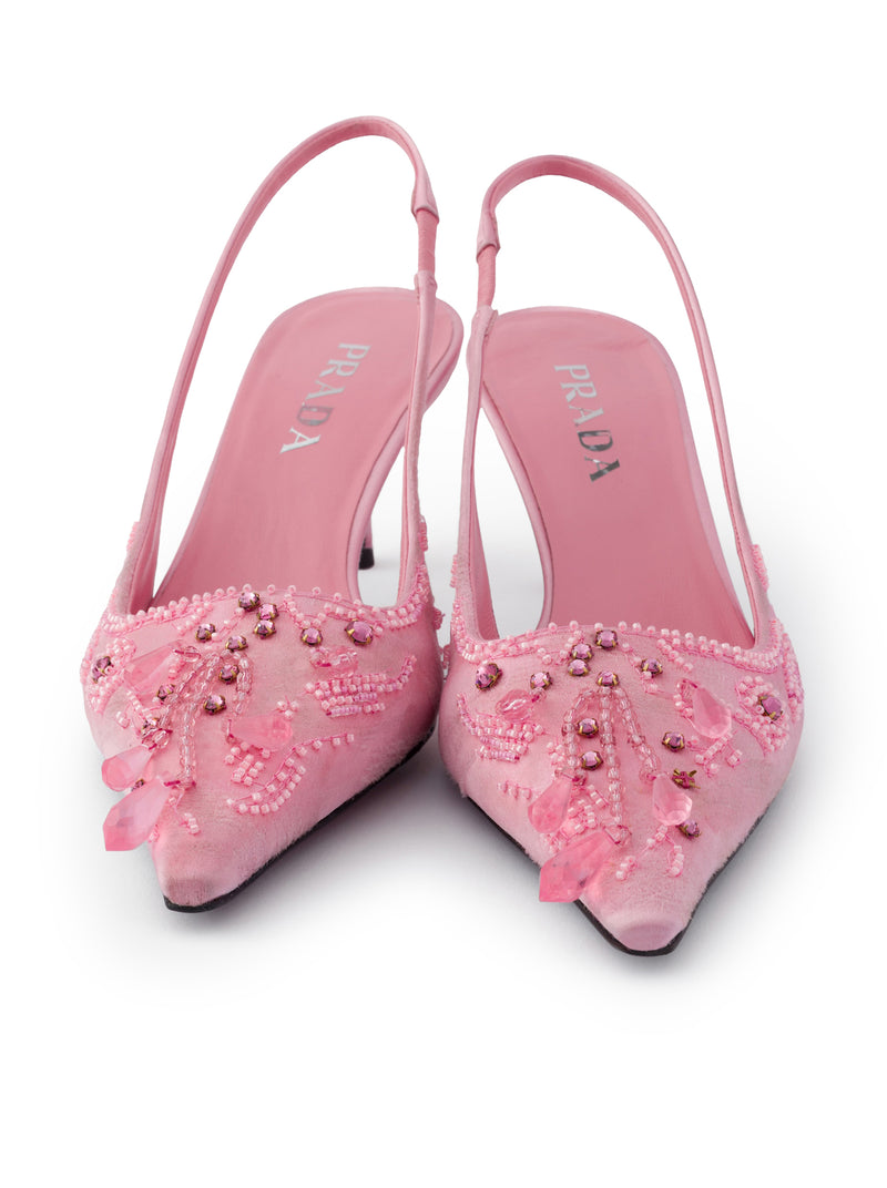 SATIN SLINGBACK PUMPS WITH EMBROIDERY
