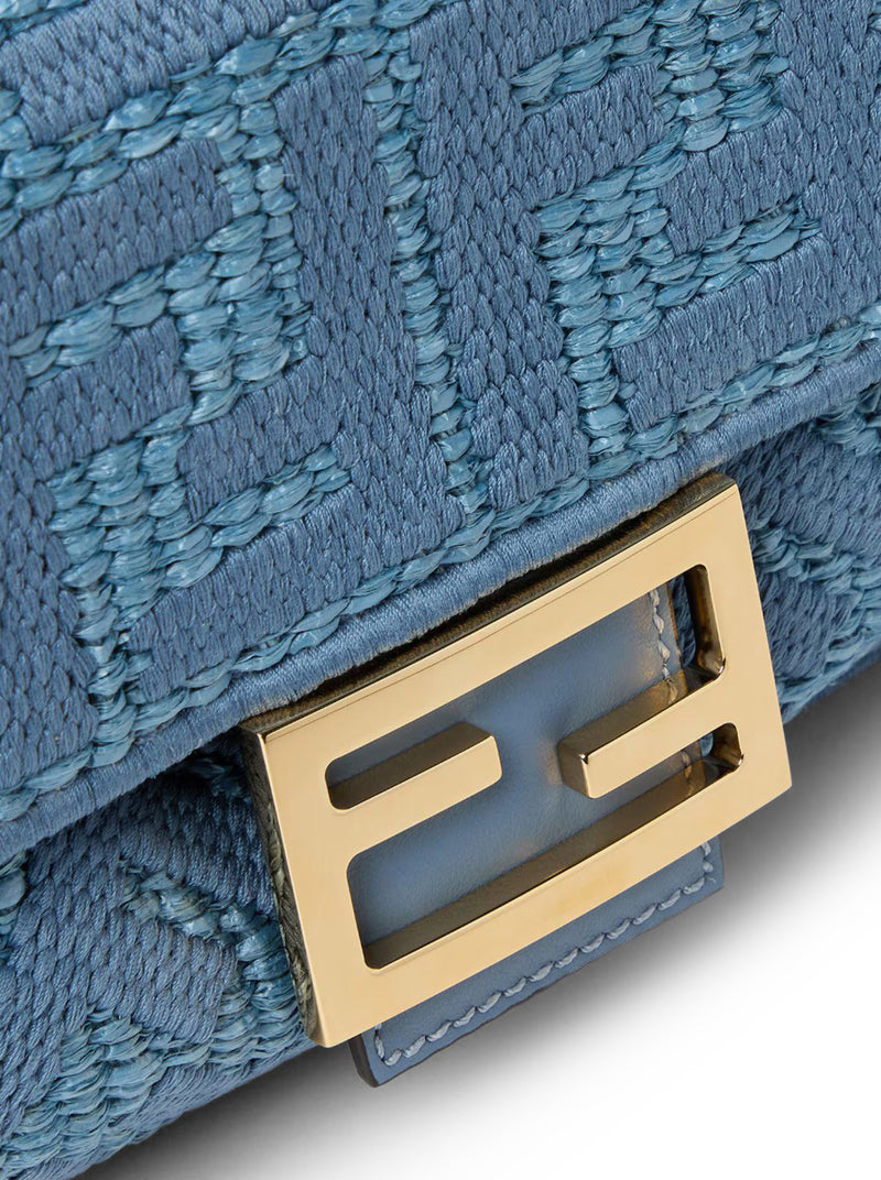 BAGUETTE BAG IN WOVEN RAFFIA WITH BLUE FF EMBROIDERY