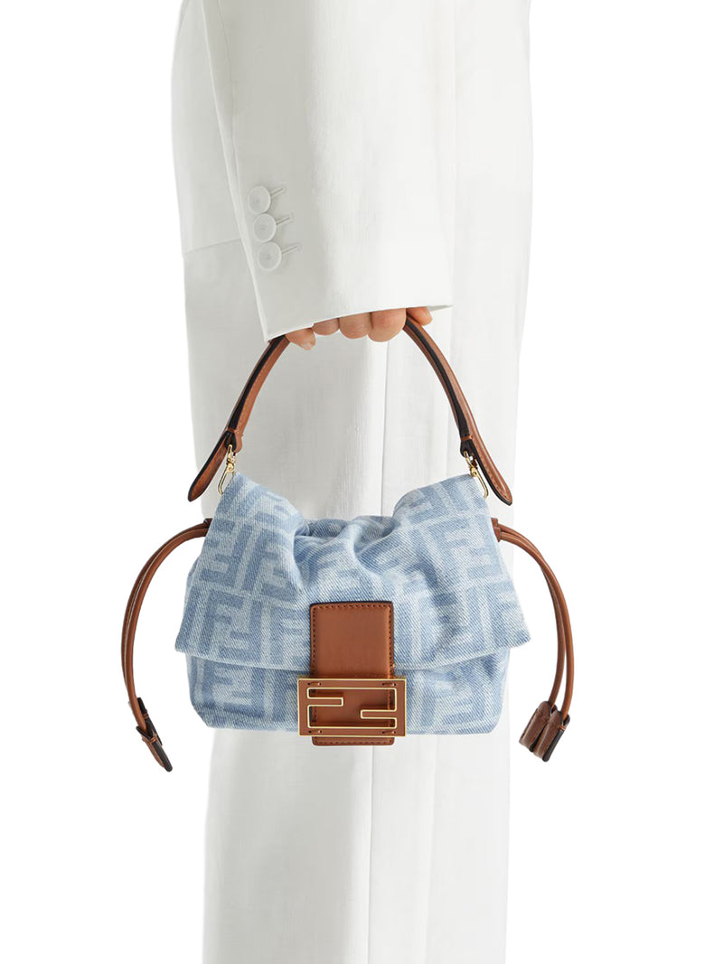 SMALL BAGUETTE MOM BAG IN DENIM FF LIGHT BLUE