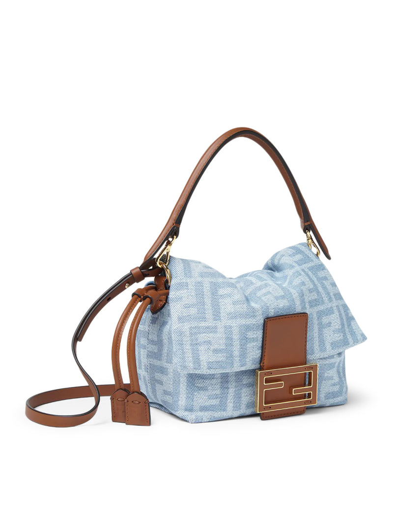 SMALL BAGUETTE MOM BAG IN DENIM FF LIGHT BLUE