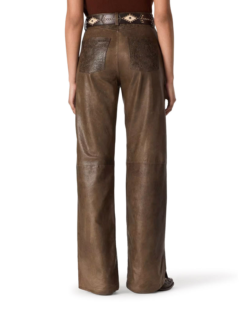 DARK GREEN PANELED WAXED NAPPA LEATHER TROUSERS