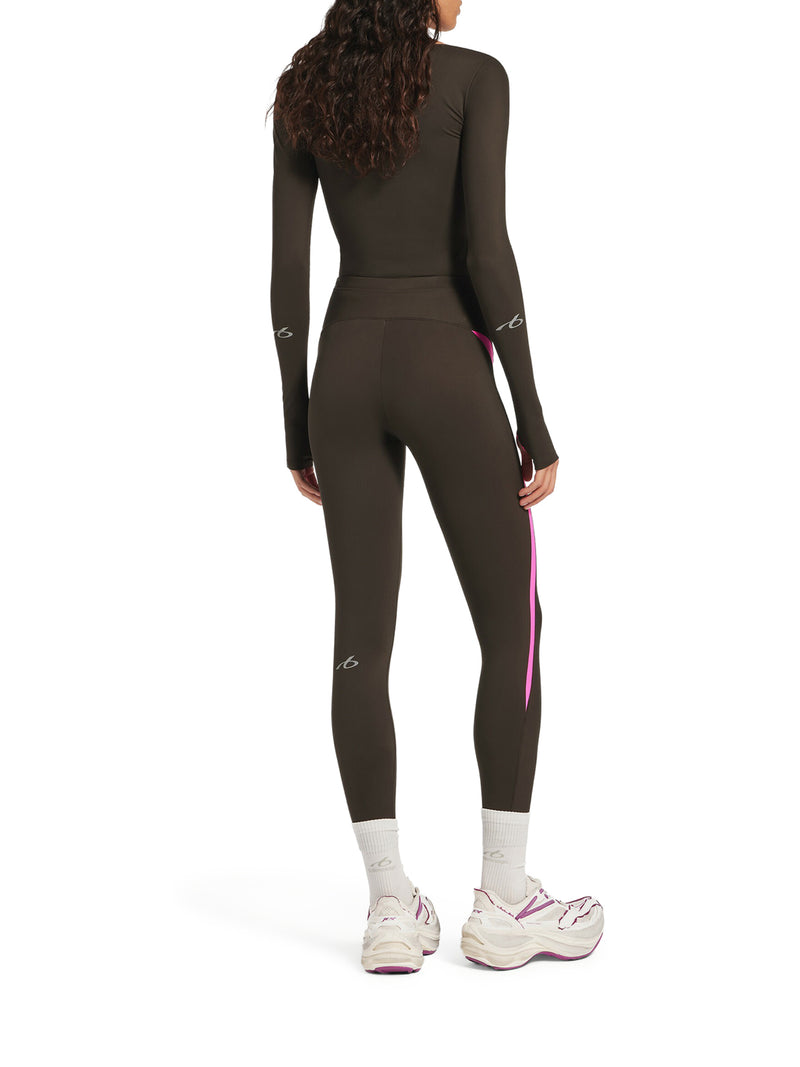 TECHWEAR LEGGINGS IN TECHNICAL FABRIC KHAKI BROWN AND FLUORESCENT PINK