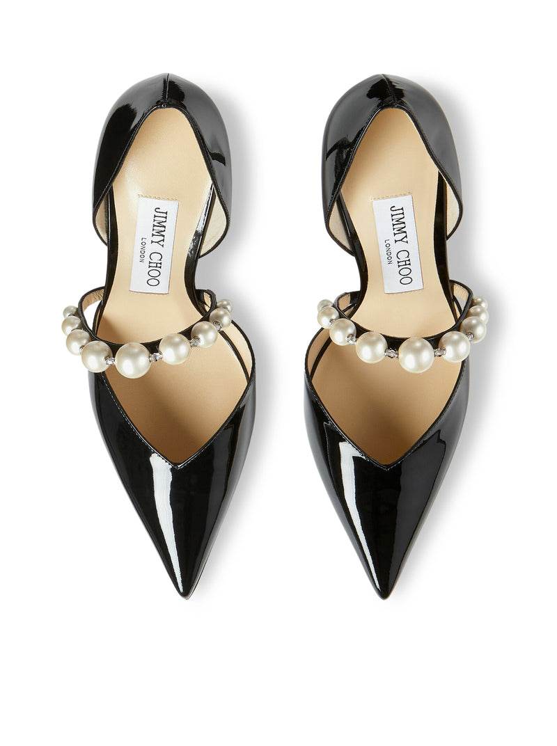 AURELIE 85 POINTED-TOE DÉCOLLETÉ IN BLACK PATENT LEATHER WITH PEARL DECORATION