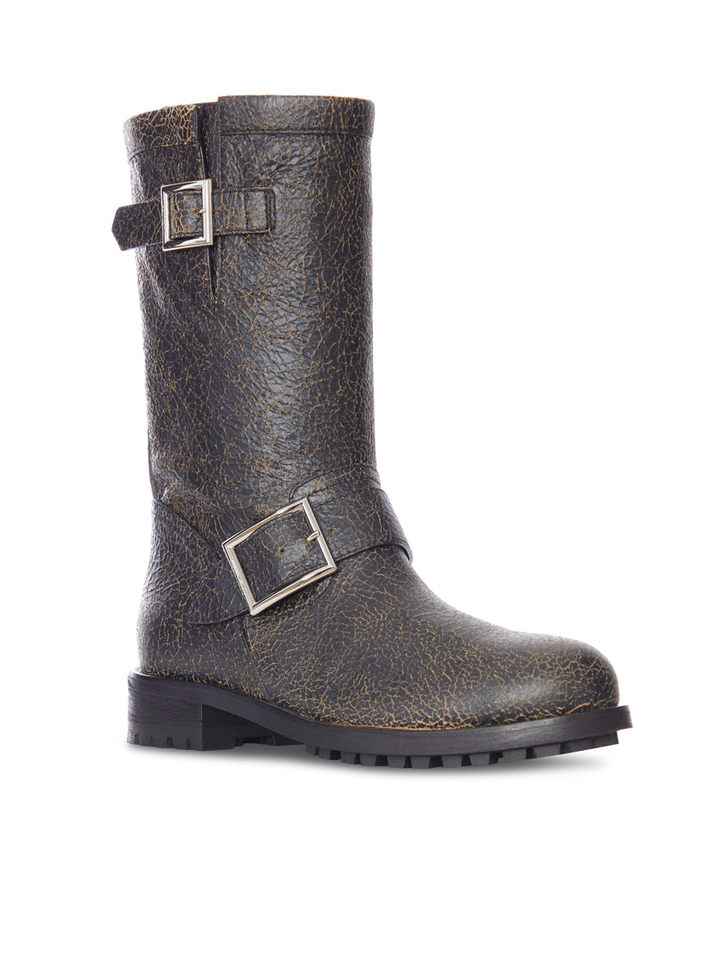 CRACKLED LEATHER BIKER BOOTS WITH BUCKLES