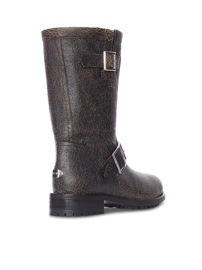 CRACKLED LEATHER BIKER BOOTS WITH BUCKLES