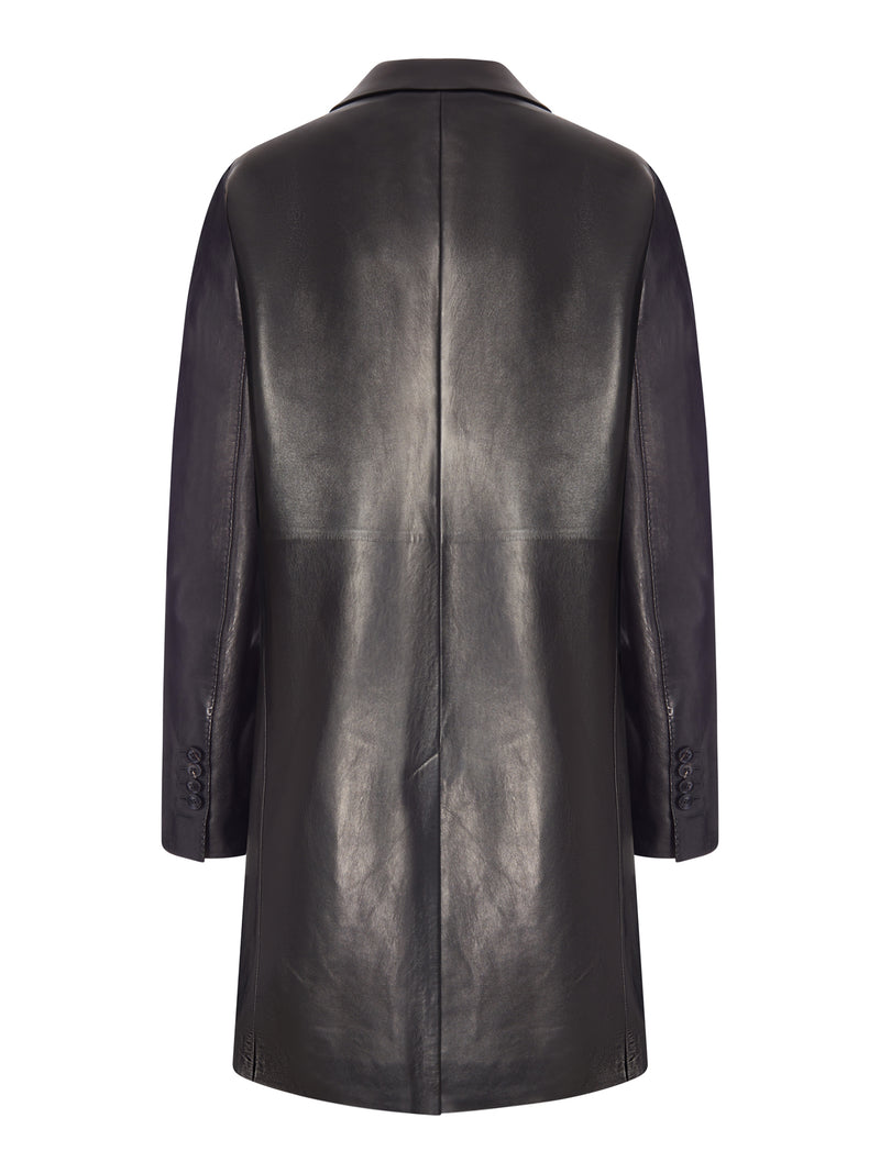 DOUBLE-BREASTED POLISHED LEATHER COAT