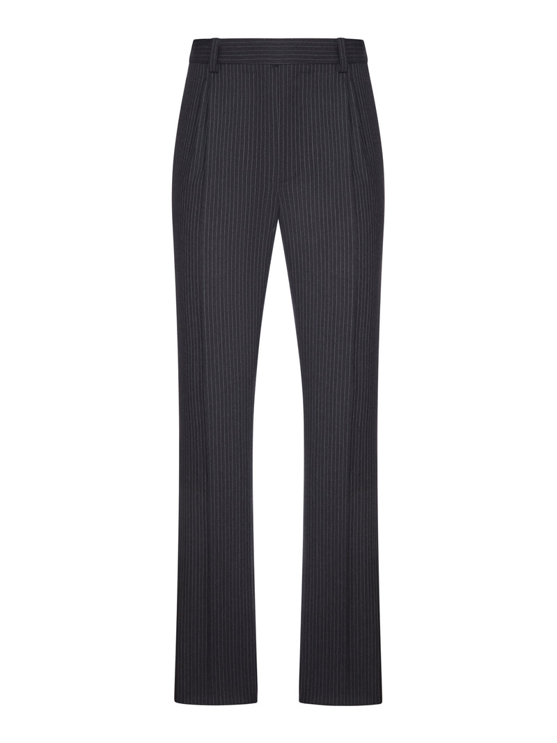 TAPERED WOOL TROUSERS IN A HERRINGBONE STRIPED PATTERN