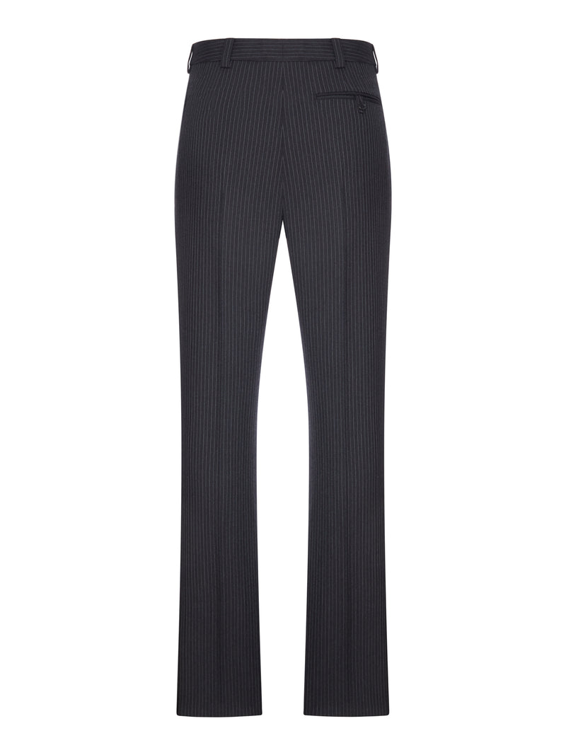 TAPERED WOOL TROUSERS IN A HERRINGBONE STRIPED PATTERN