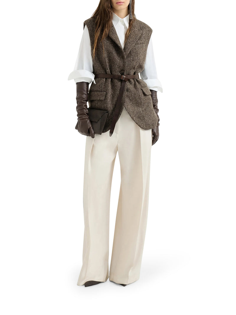SPARKLING VIRGIN WOOL CHEVRON VEST WITH LEATHER AND MONILE BELT