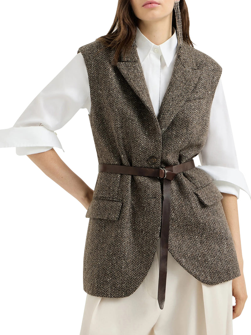 SPARKLING VIRGIN WOOL CHEVRON VEST WITH LEATHER AND MONILE BELT