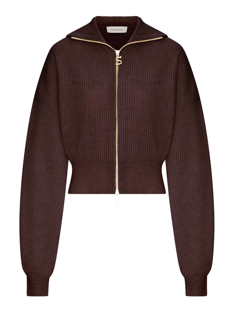 RIBBED WOOL CARDIGAN WITH WIDE COLLAR