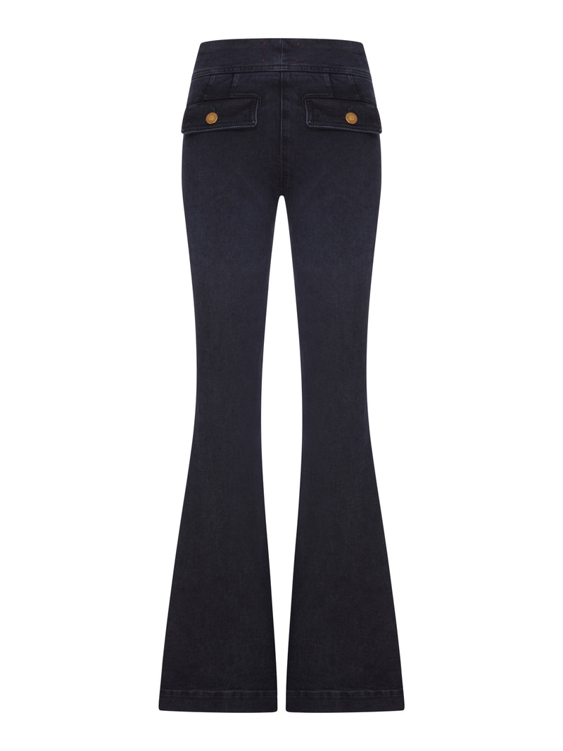 DARK DENIM FLARE JEANS WITH GOLD BUTTONS
