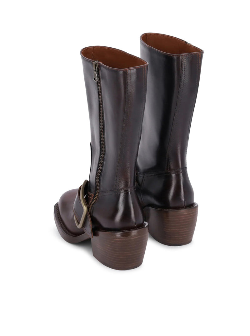 CALFSKIN BOOTS WITH A SQUARE TOE, ROUNDED BLOCK HEEL, AND BUCKLE DETAIL