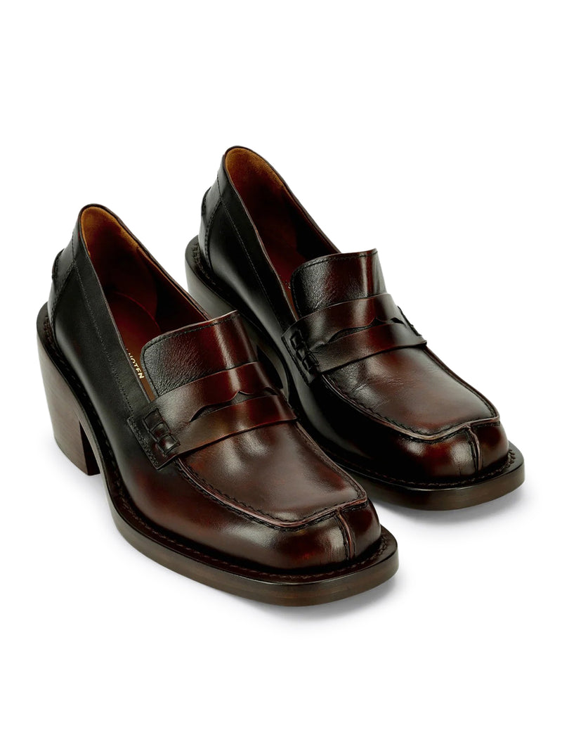 LEATHER PENNY LOAFERS WITH A SQUARE TOE, ROUNDED BLOCK HEEL, AND SHADED EFFECT