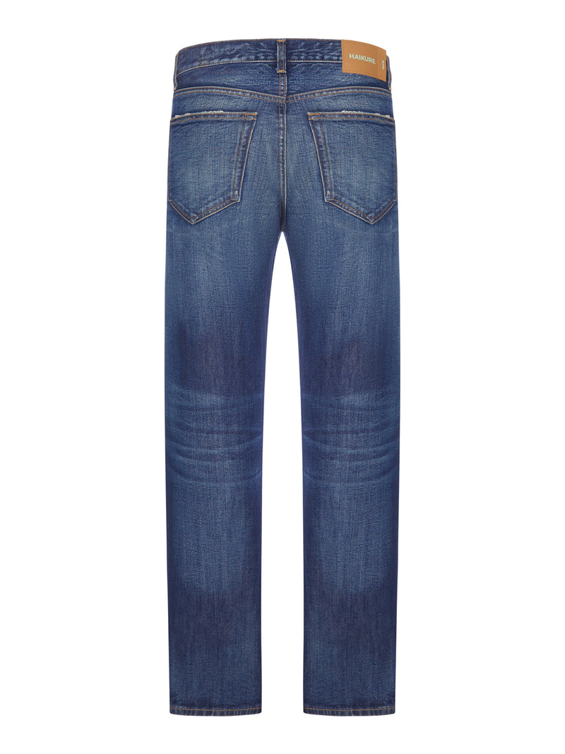 STRAIGHT LEG WASHED DENIM JEANS WITH POCKETS