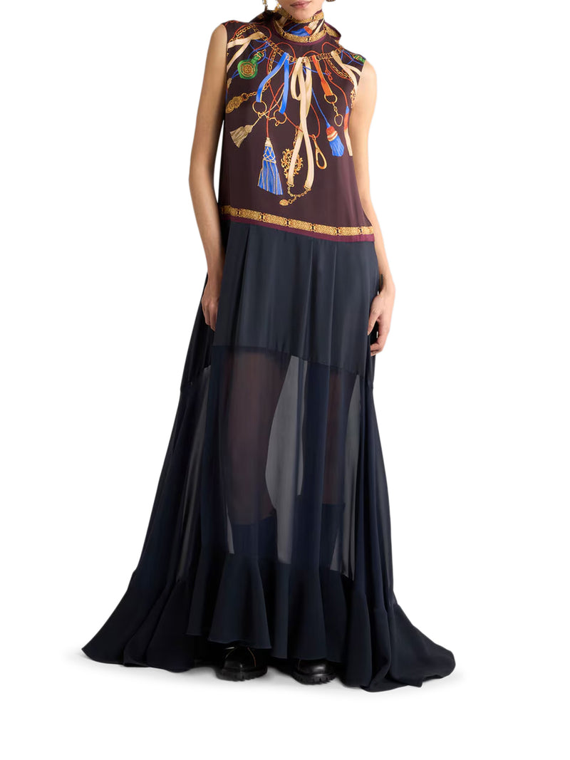 LONG SILK DRESS WITH A SEE-THROUGH SKIRT AND PLACEMENT PRINT