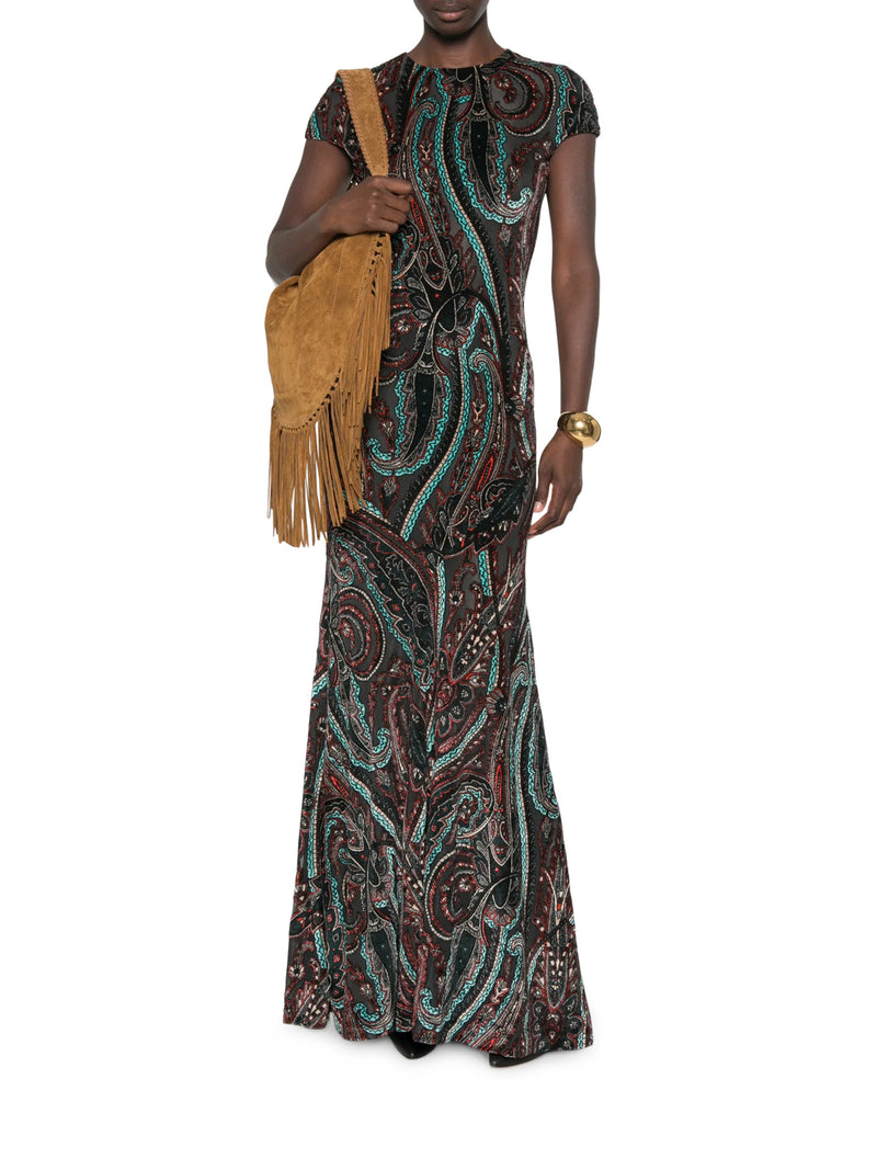 LONG PAISLEY PRINT DRESS WITH SHORT SLEEVES