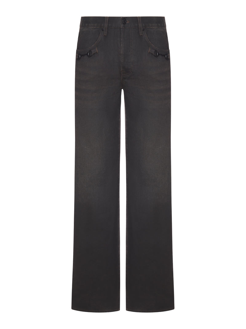 COTTON DENIM FLARE TROUSERS WITH HORSEBIT DETAIL