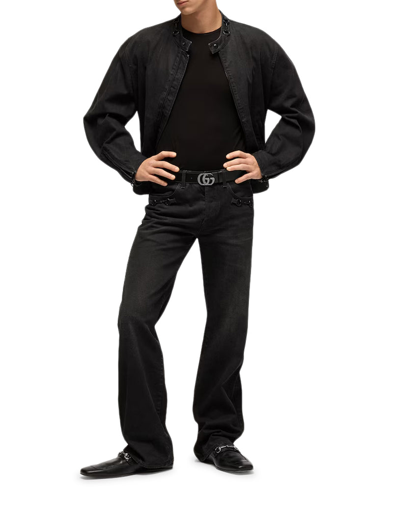 COTTON DENIM FLARE TROUSERS WITH HORSEBIT DETAIL