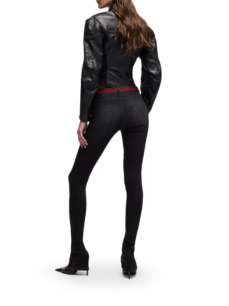LEATHER BIKER JACKET WITH WEB STRIPE