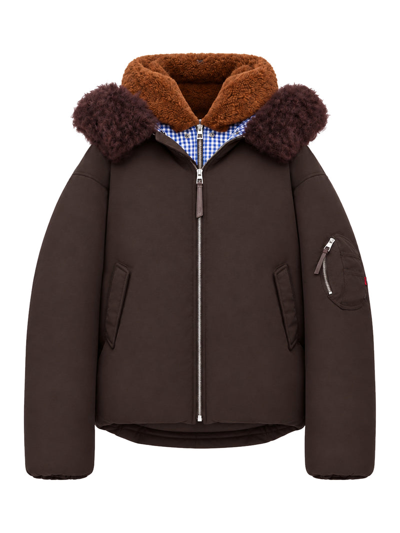 TECHNICAL COATING BOMBER JACKET WITH DOUBLE LAYER CONSTRUCTION AND CHECKED BACK