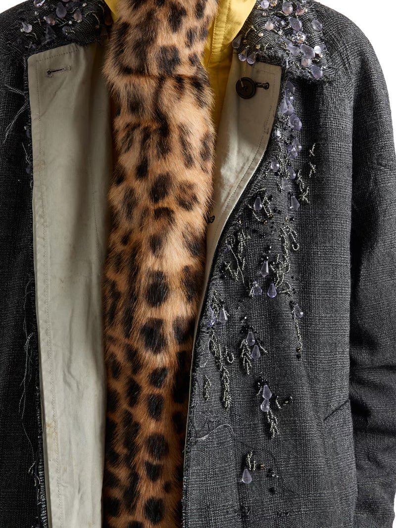 SINGLE-BREASTED OVERCOAT IN MOULINÉ PRINCE OF WALES CHECK AND EMBROIDERED TWILL