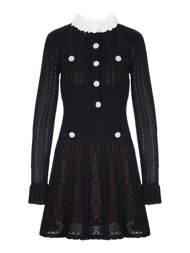 SHORT DRESS IN OPENWORK KNIT WITH FLORAL COLLAR AND JEWEL BUTTONS
