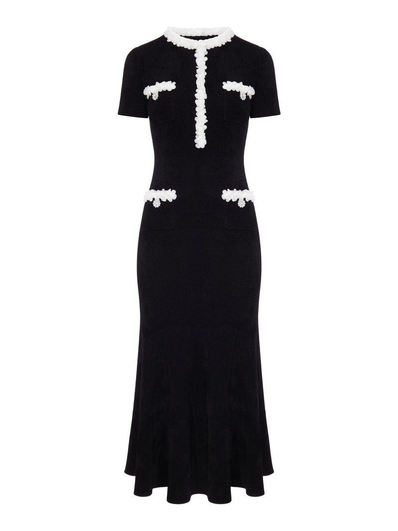 LONG RIBBED KNIT DRESS WITH CONTRASTING FLORAL PROFILES