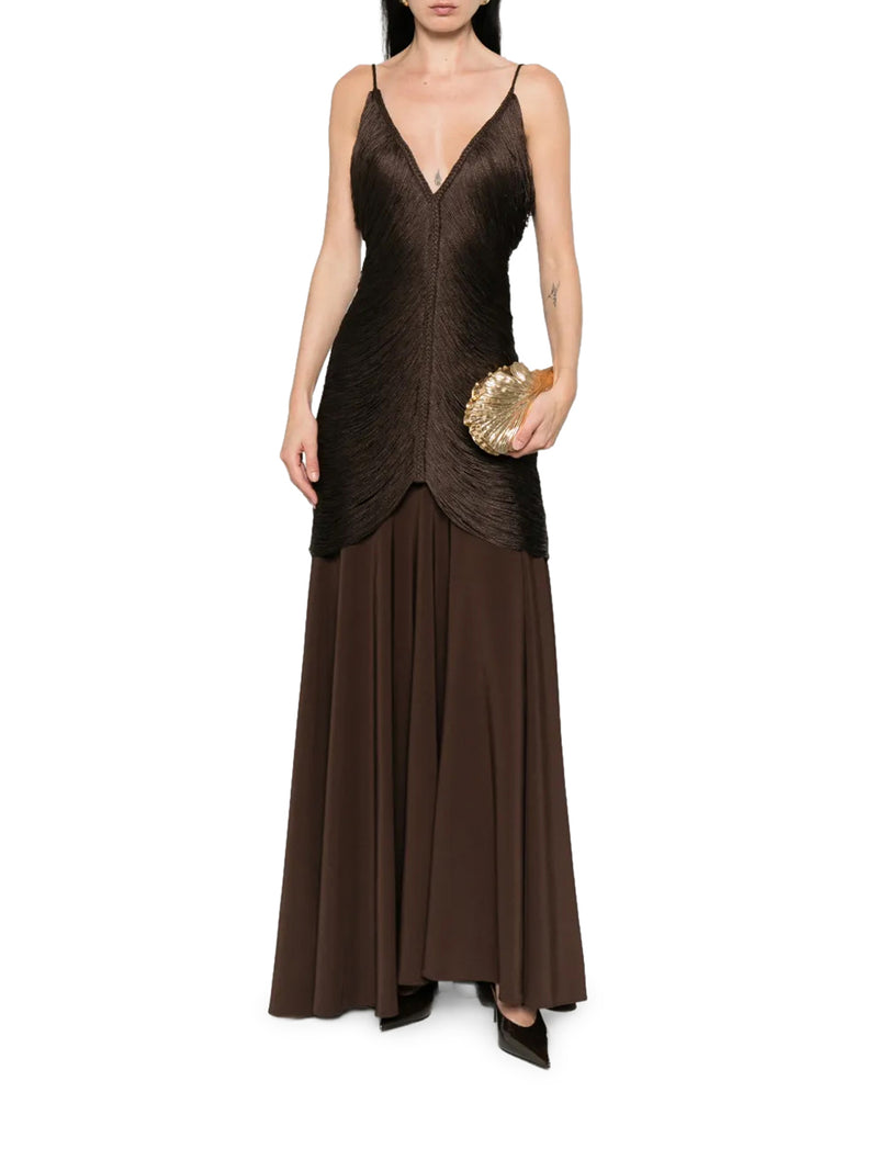LONG NOSTALGIA DRESS WITH FRINGES AND V-NECK