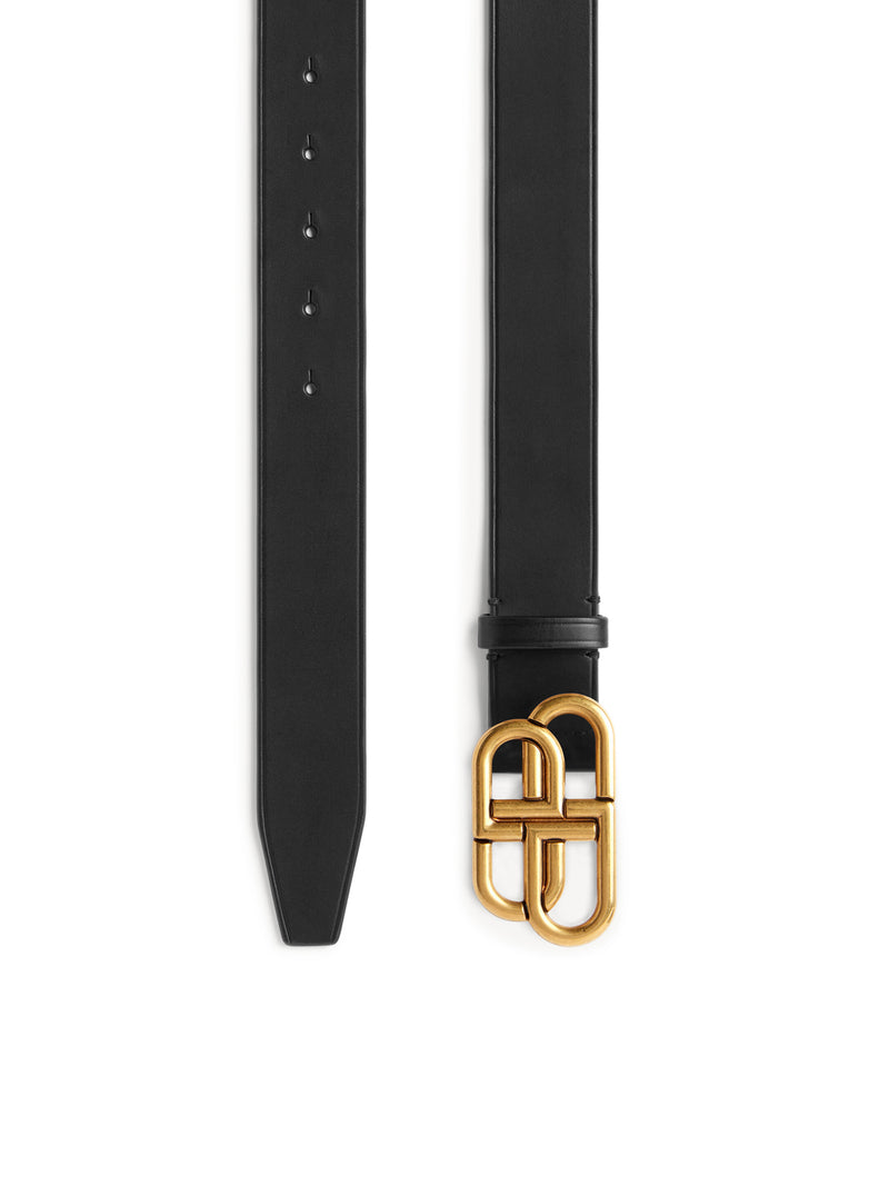 SLIM BB BELT IN BLACK CALFSKIN WITH ANTIQUE GOLD-TONE HARDWARE