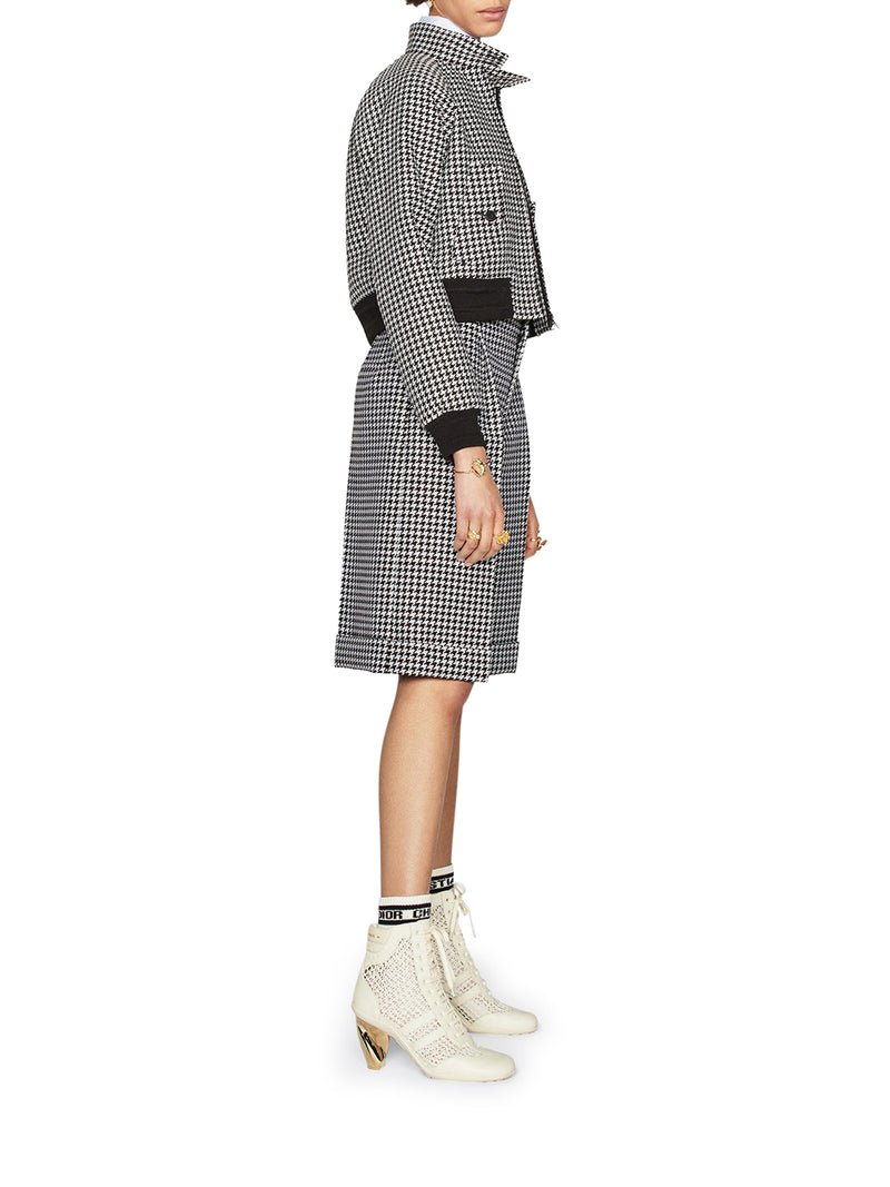 BERMUDA in black and white wool and silk Twill with micro houndstooth motif