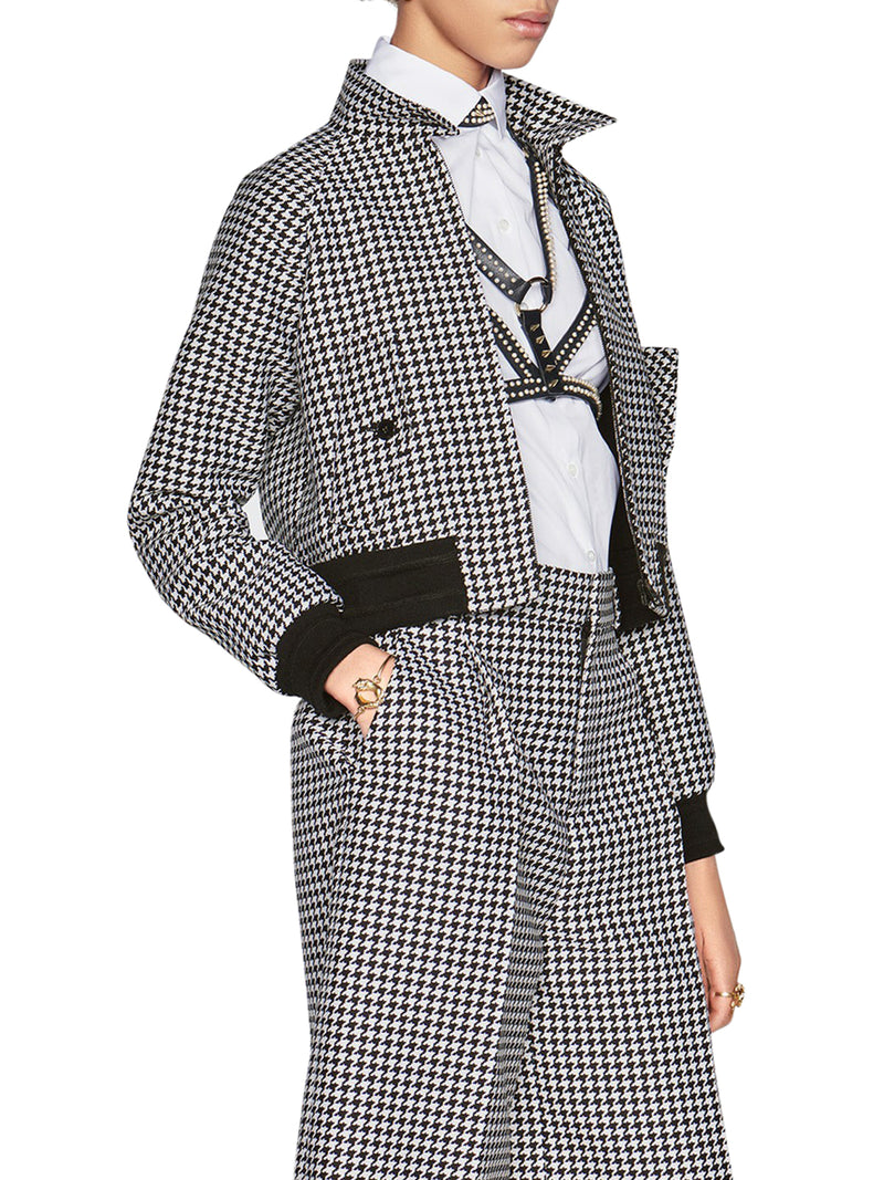 BERMUDA in black and white wool and silk Twill with micro houndstooth motif