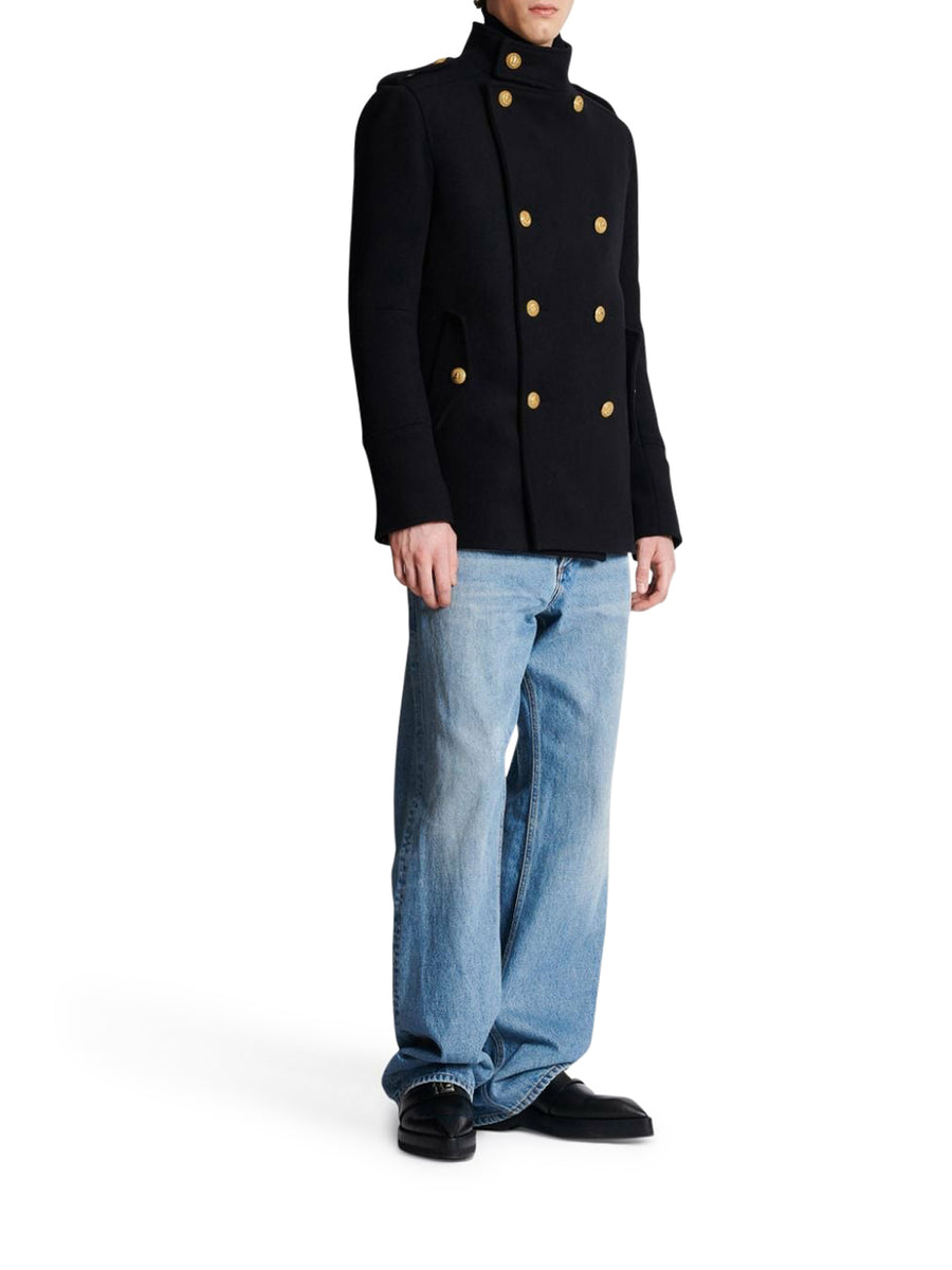 Authentic LOUIS VUITTON LV Buttons Pea Coat Black Wool Knit Collar Size 34  XS
