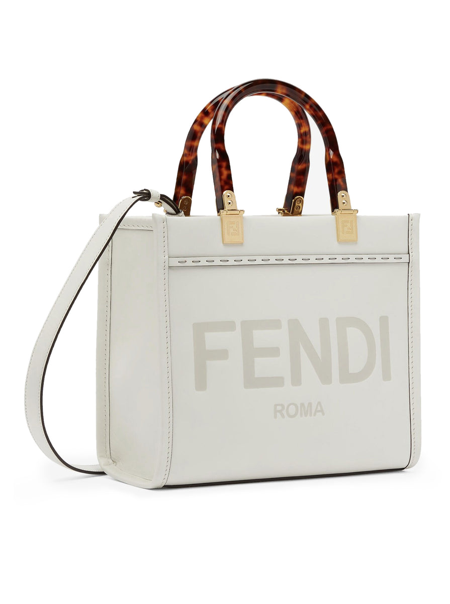 FENDI: leather shopping bag with big Roma logo - White