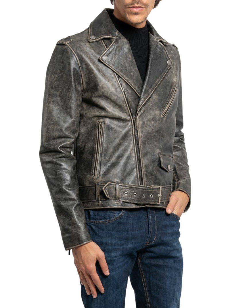 Golden collection leather jacket with distressed treatment