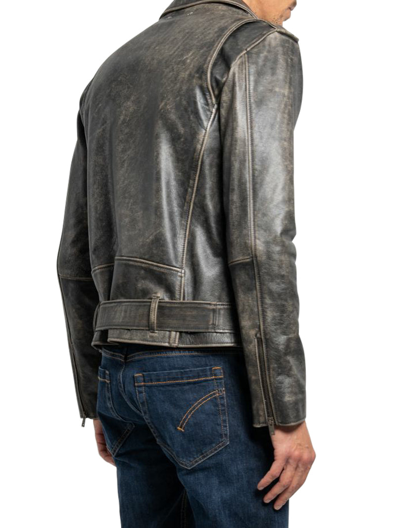 Golden collection leather jacket with distressed treatment
