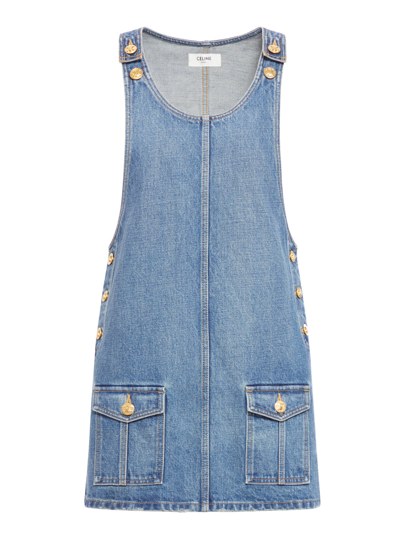 DENIM OVERALL MINI DRESS WITH UNION WASH UNION WASHING