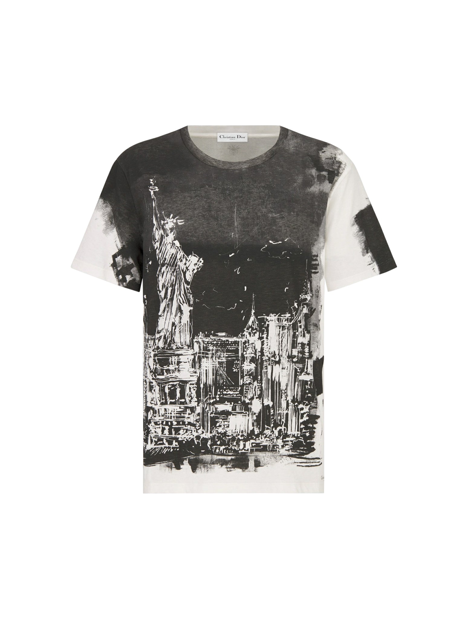T-shirt in black and white cotton and linen jersey with New York motif