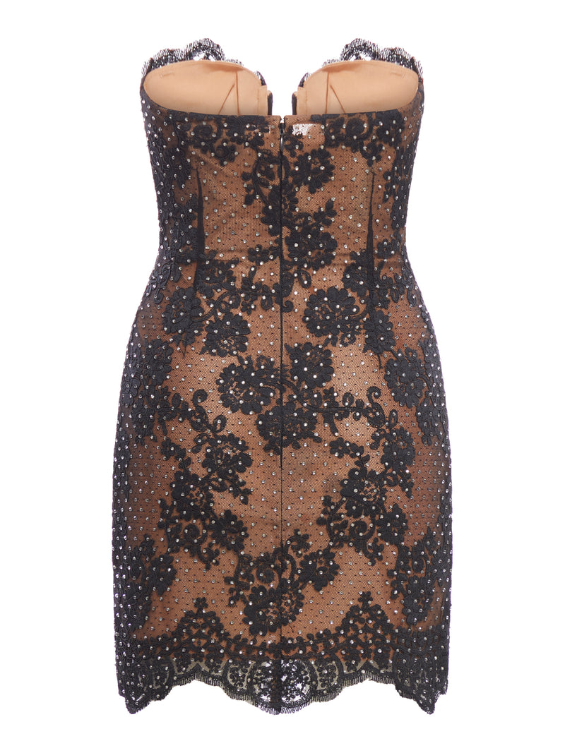 Black Rhinestone Lace Bandeau Mini Dress