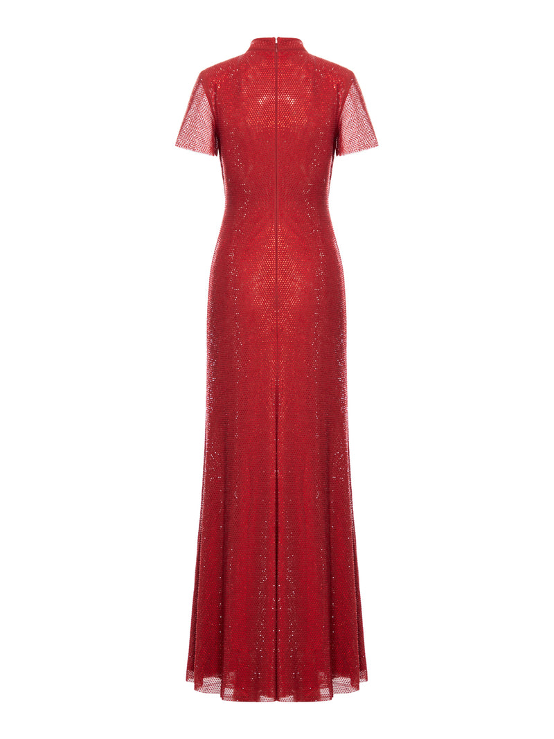 Red Rhinestone Mesh Maxi Dress