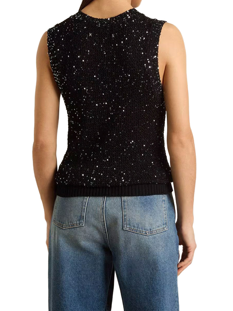 NET MESH TOP WITH SEQUINS AND CONTRASTING DETAILS