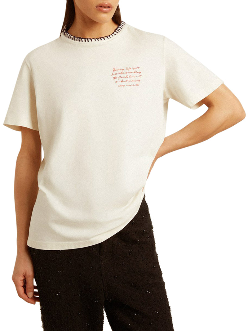 Women`s worn-white cotton T-shirt with hand embroidery