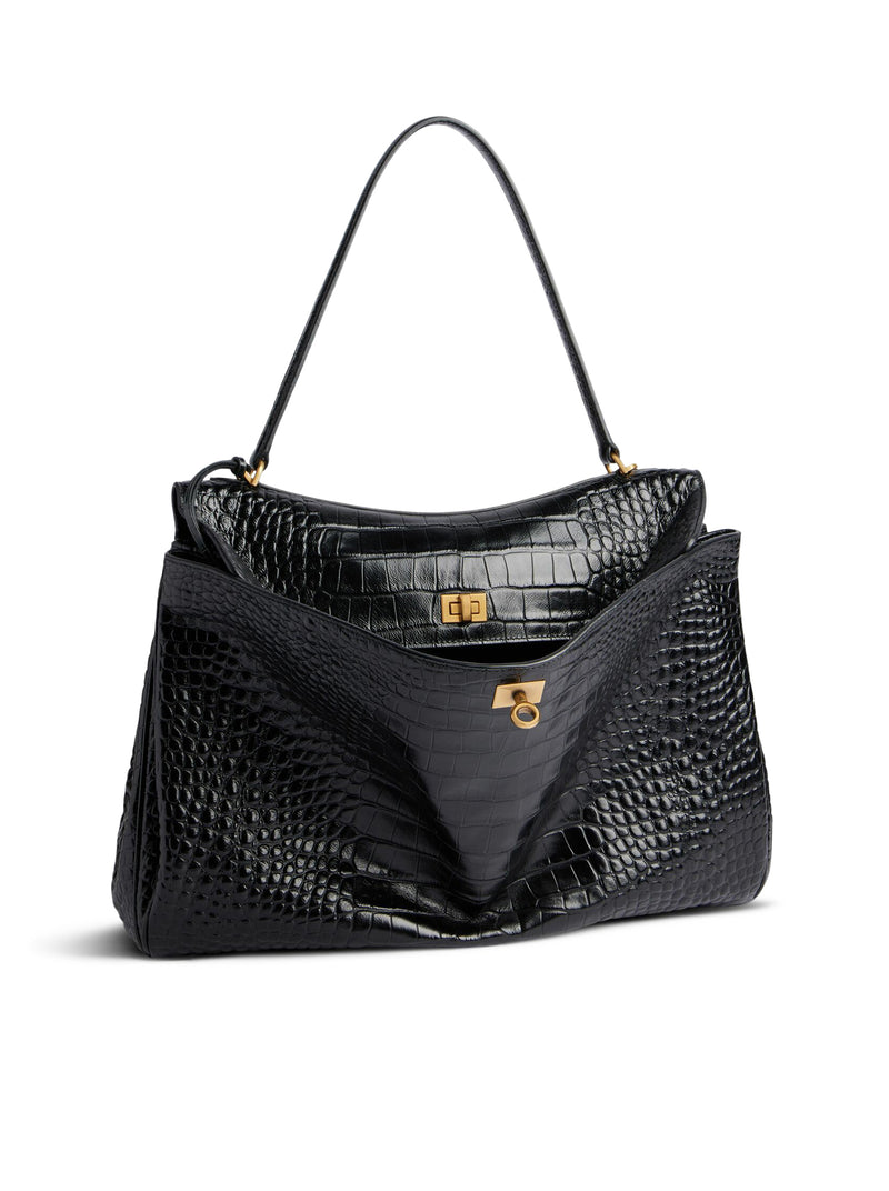 WOMEN`S MEDIUM RODEO CROCODILE EMBOSSED BAG IN BLACK