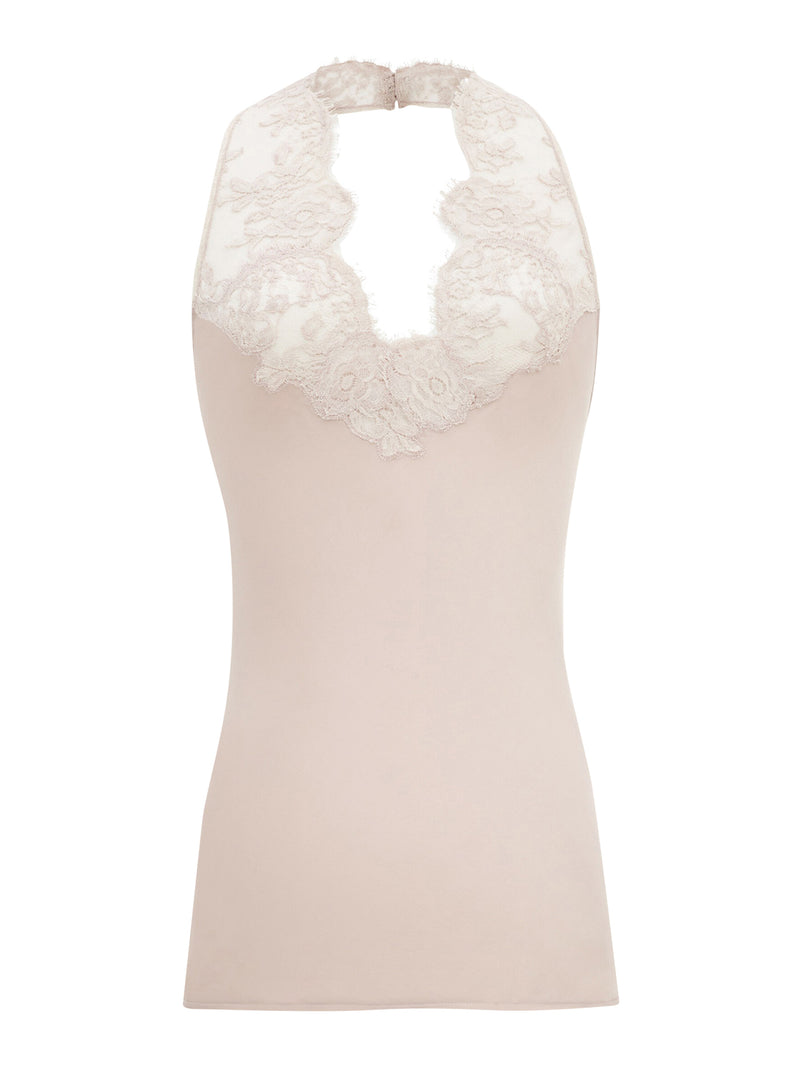 TOP WITH HALTER NECKLINE IN SILK CHARMEUSE AND LACE