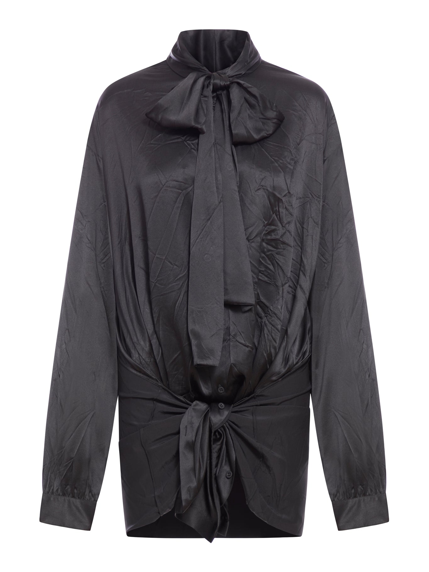 WOMEN`S KNOTTED LAVALIERE BLOUSE IN BLACK