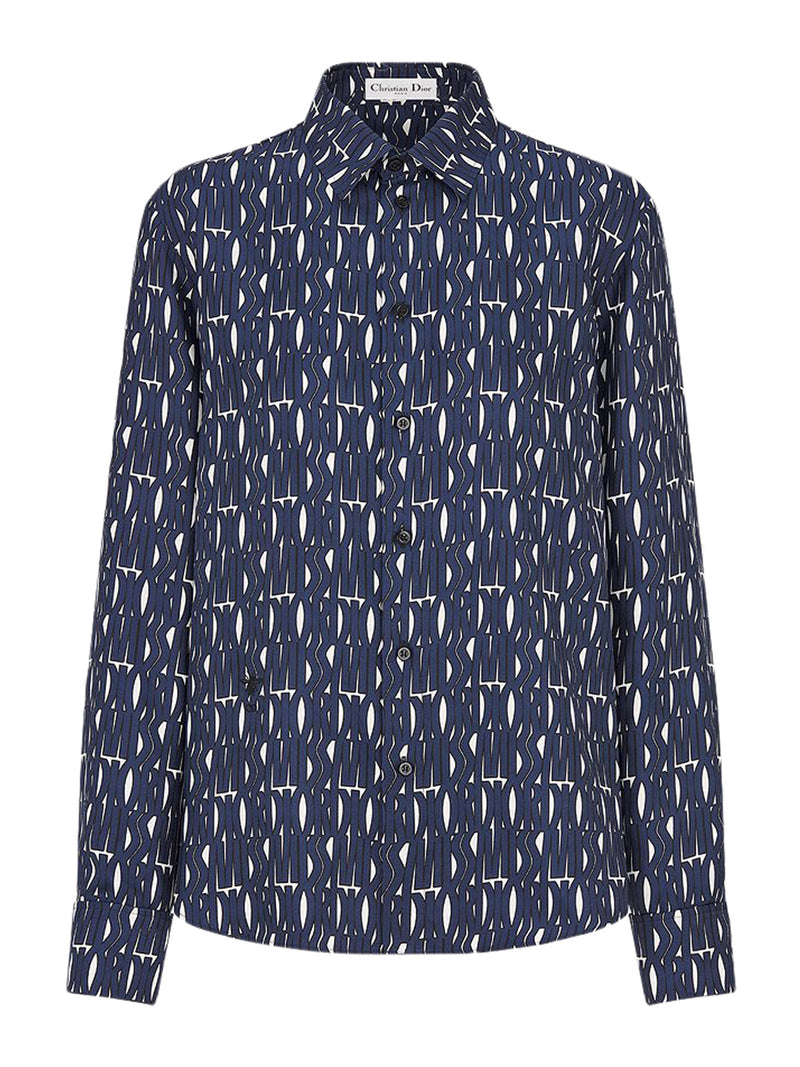 White silk twill blouse with navy blue Miss Dior Allover pattern