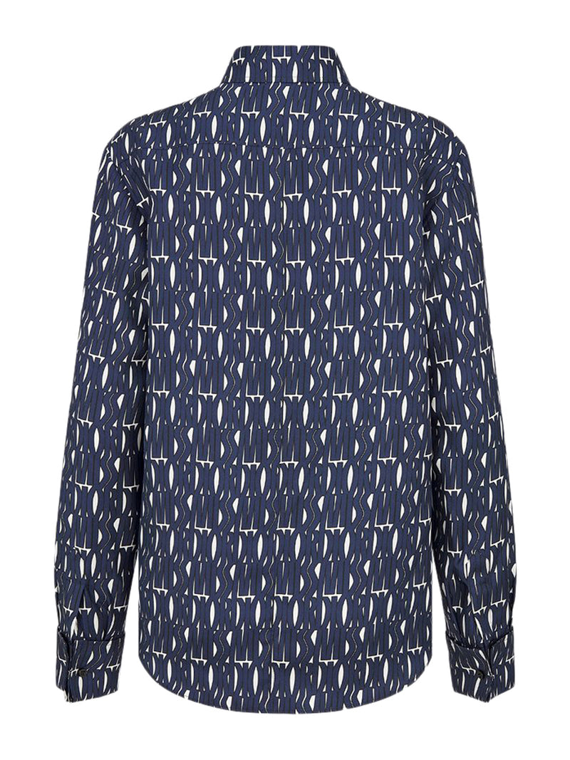 White silk twill blouse with navy blue Miss Dior Allover pattern