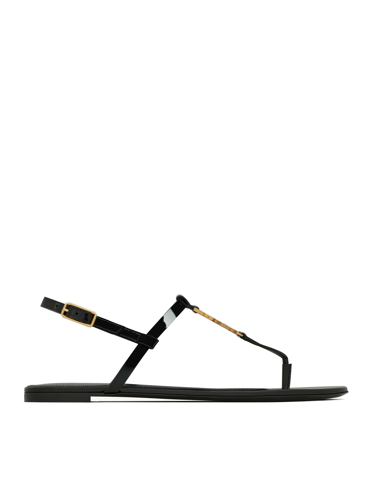 CASSANDRA FLAT SANDALS IN PATENT LEATHER WITH GOLD MONOGRAM