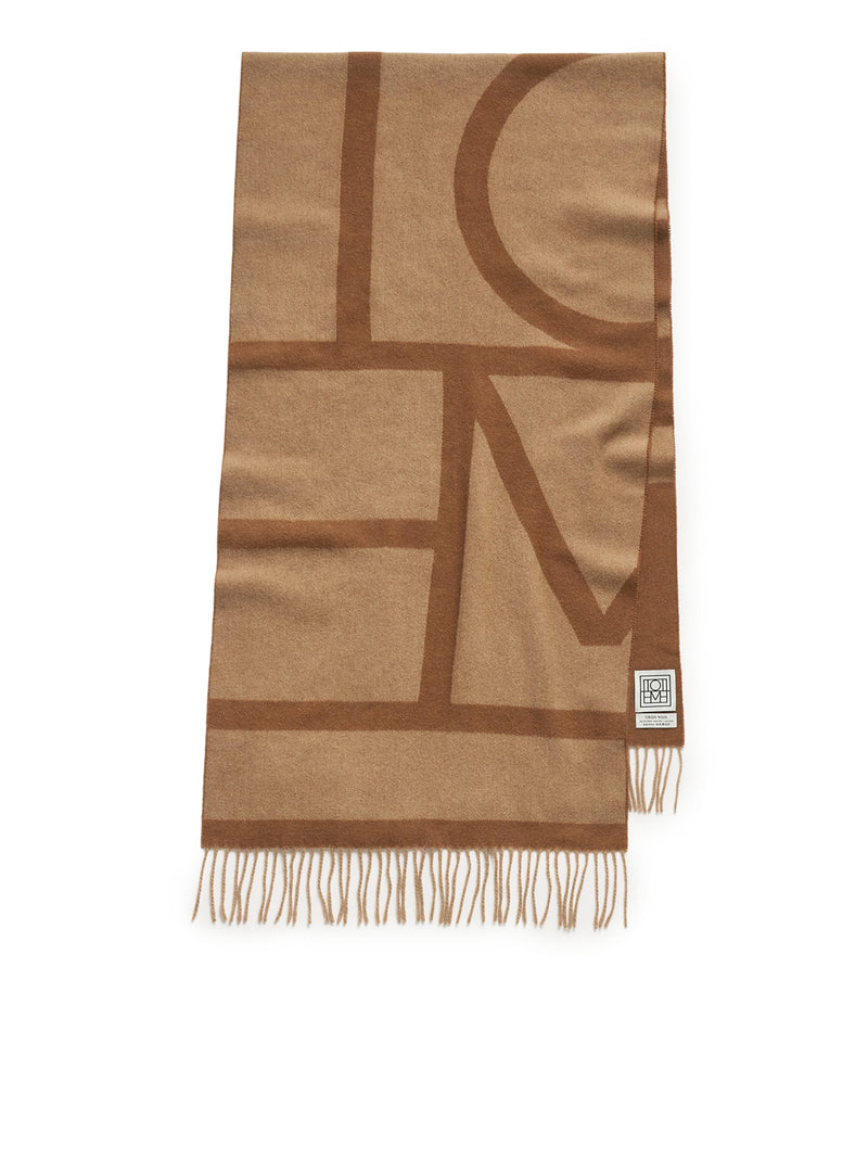 Monogram jacquard wool scarf camel